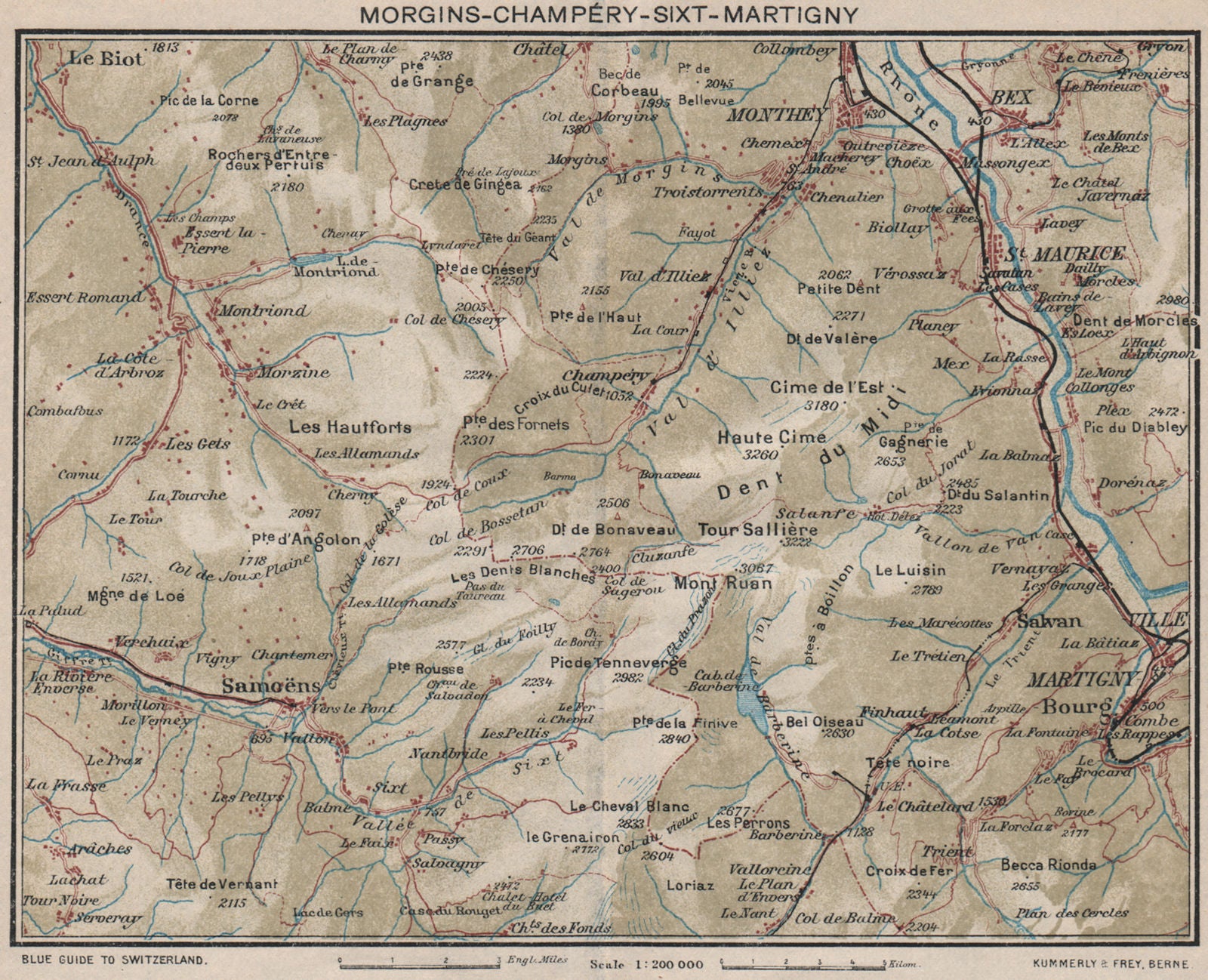 FRENCH/SWISS ALPS. Les Gets Morzine Samoëns Morgins Champéry Martigny 1930 map